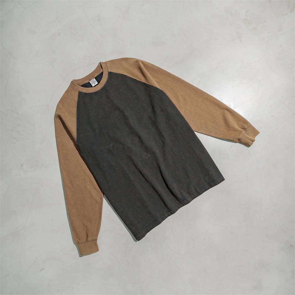 High Quality 100% Cotton Contrast shoulder wash 285Gsm Heavyweight Sweatshirt Long Sleeve Round Neck Sweatshirt