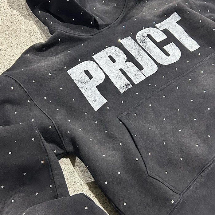 Huili Professional Custom Logo Printing Boxy Cropped Hoodie Men Oversized Fit 470Gsm Thick Cotton Rhinestone Hoodie
