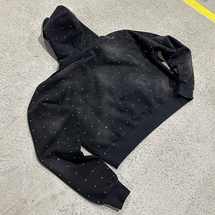 Huili Professional Custom Logo Printing Boxy Cropped Hoodie Men Oversized Fit 470Gsm Thick Cotton Rhinestone Hoodie