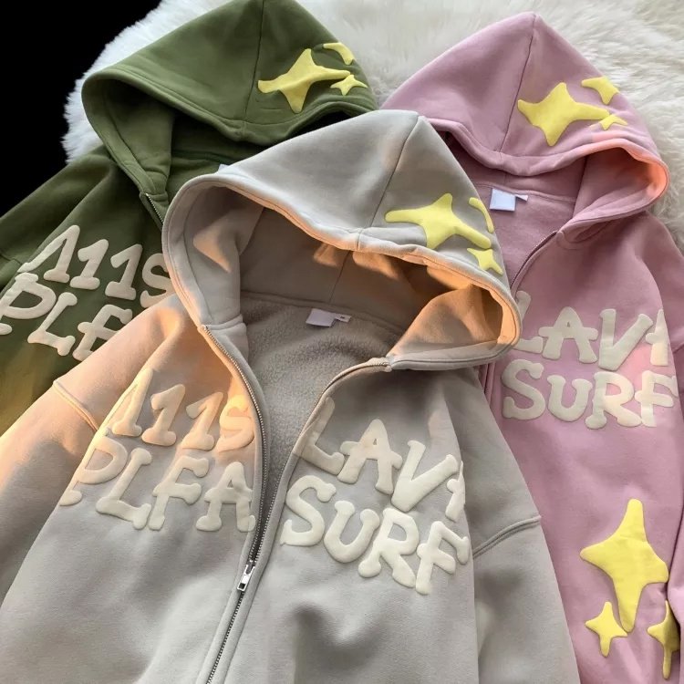 High quality blank hoodie no string plus size sweatshirt custom 3D puff printing full zip up men hoodie