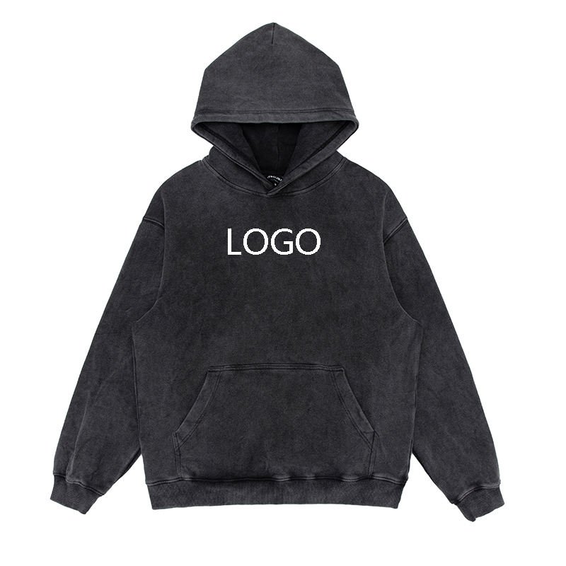Custom washed and worn 100% cotton high quality black hooded sweater for men and women retro loose oversized wash men's hoodie