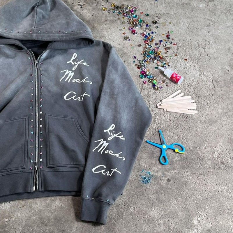 2024 Full zip up gray screen printing drop shoulder sun faded distressed acid washed heavyweight rhinestone patch hoodie