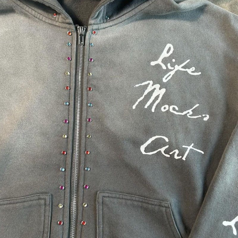 2024 Full zip up gray screen printing drop shoulder sun faded distressed acid washed heavyweight rhinestone patch hoodie