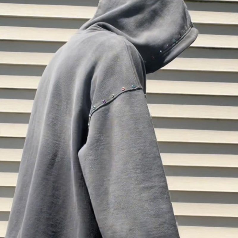 2024 Full zip up gray screen printing drop shoulder sun faded distressed acid washed heavyweight rhinestone patch hoodie
