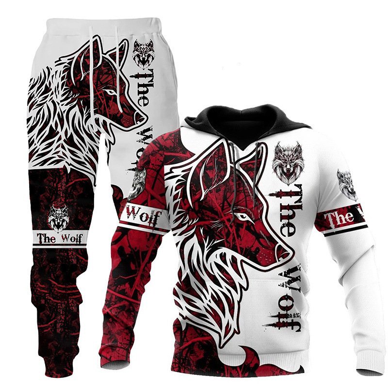 Custom Men's Clothing Two Piece Set Fashion Tracksuit 3D Wolf Printed Sweatpants and Hoodie Set Men Casual Sport Jogging Suits