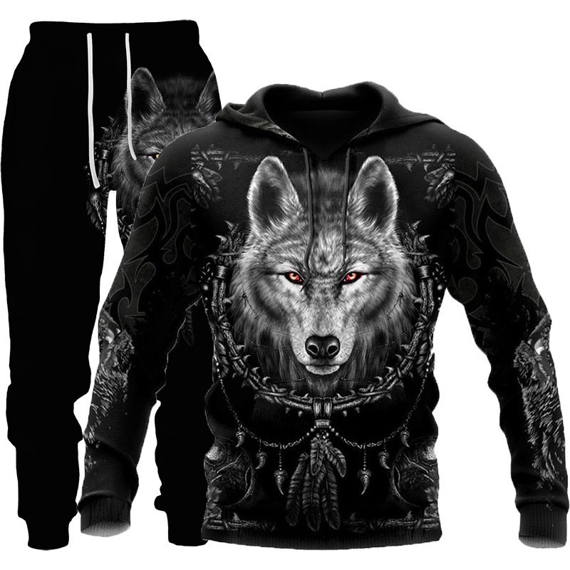 Custom Men's Clothing Two Piece Set Fashion Tracksuit 3D Wolf Printed Sweatpants and Hoodie Set Men Casual Sport Jogging Suits