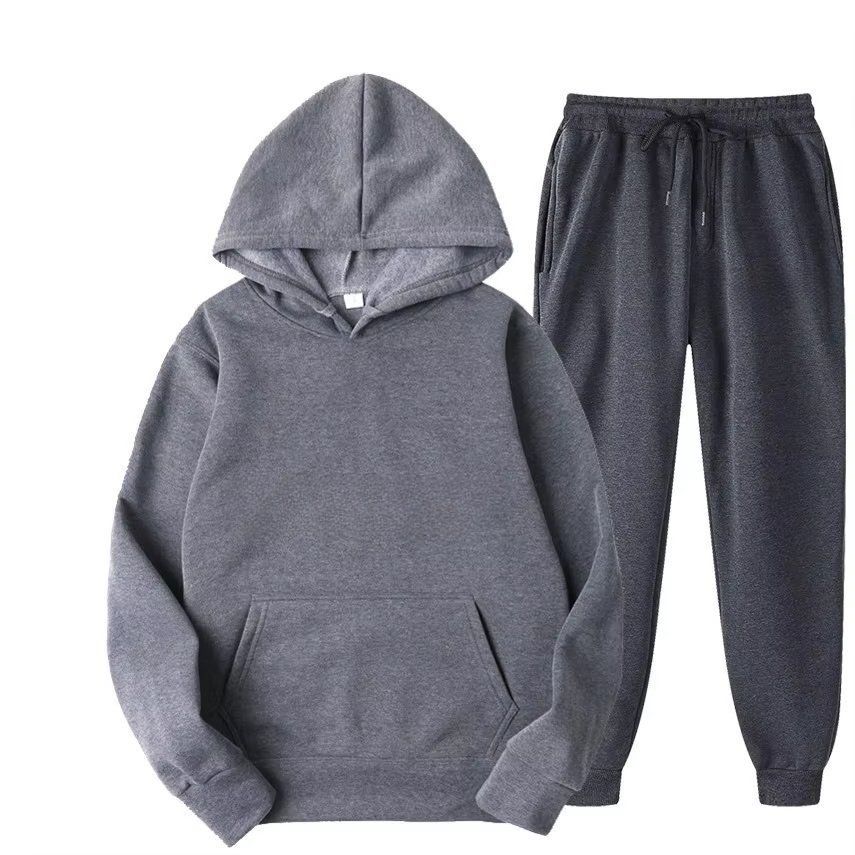 Custom Polyester Tracksuit Pocket Design Essential Hoodie and Jogger Set Sports Leisure Solid Color Hoodie Set