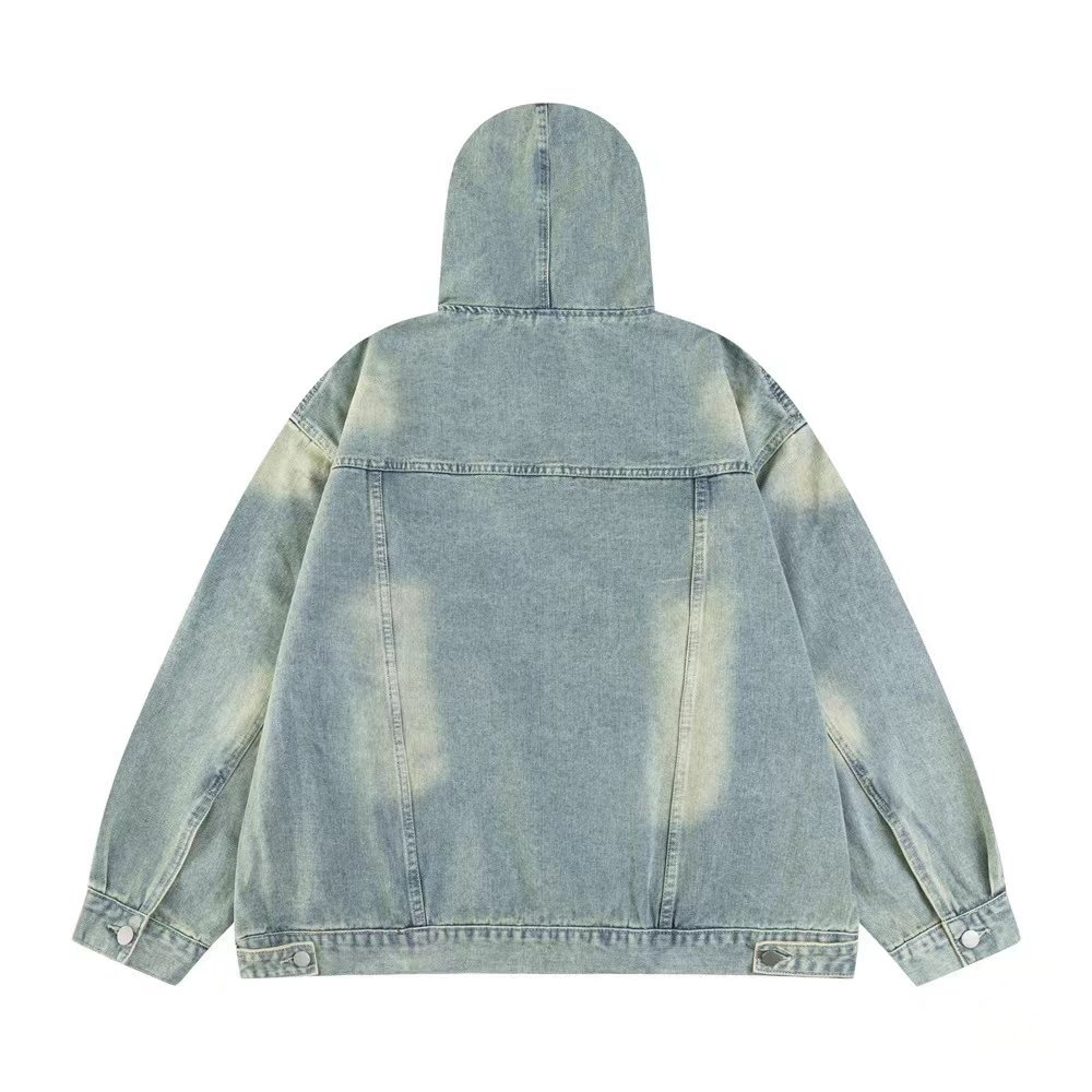 Wash Water Retro cowboy hoodie Trend High Street Embroidery lettering Loose Hip Hop denim hoodie for men