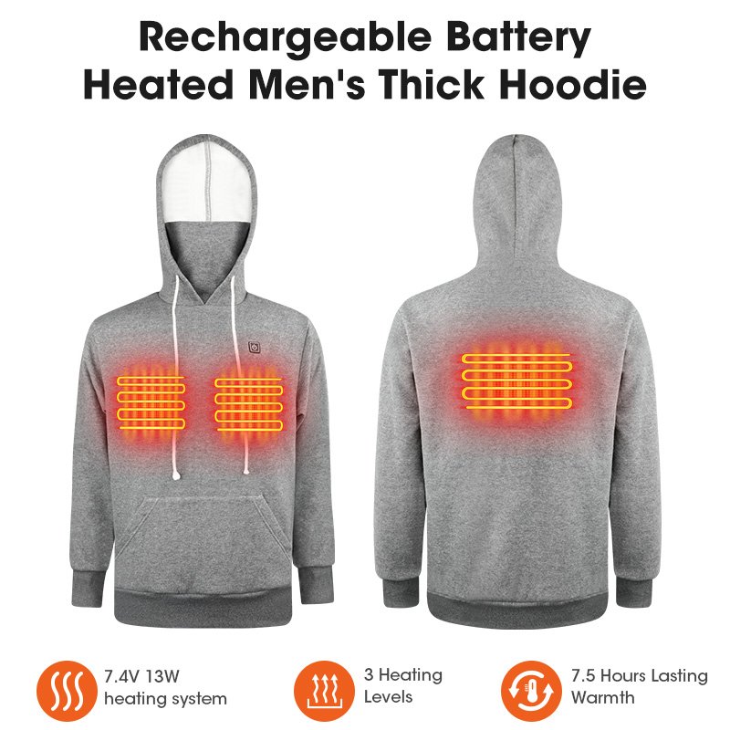 Custom Printed 100% Cotton Electric Rechargeable USB Heated Blank Sweatshirts Battery Pack Heated Men's Hoodie