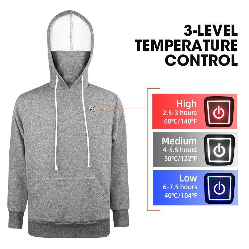 Custom Printed 100% Cotton Electric Rechargeable USB Heated Blank Sweatshirts Battery Pack Heated Men's Hoodie