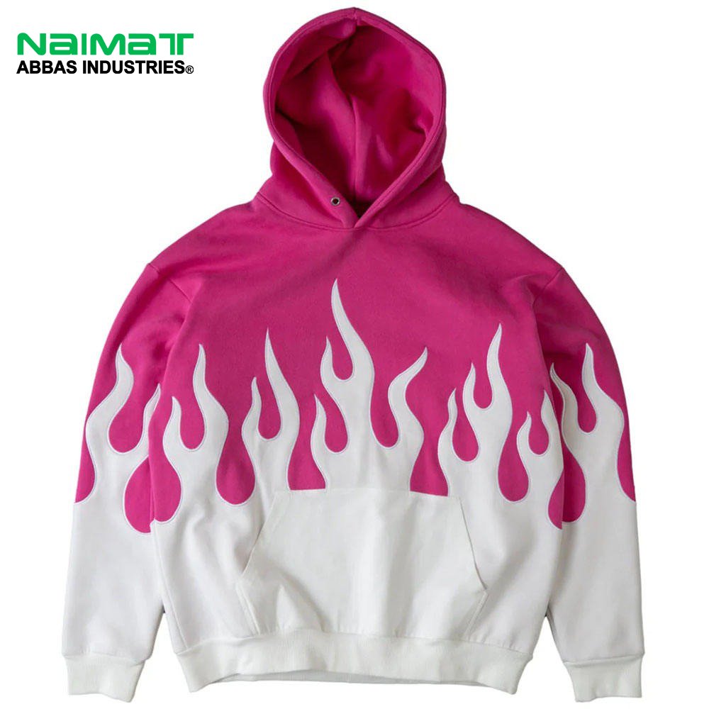 New Design Long Sleeve Flame Pattern Embroidery Hoodie Heavy Weight Men's Hoodies Black White Fleece Pullover Hoodie