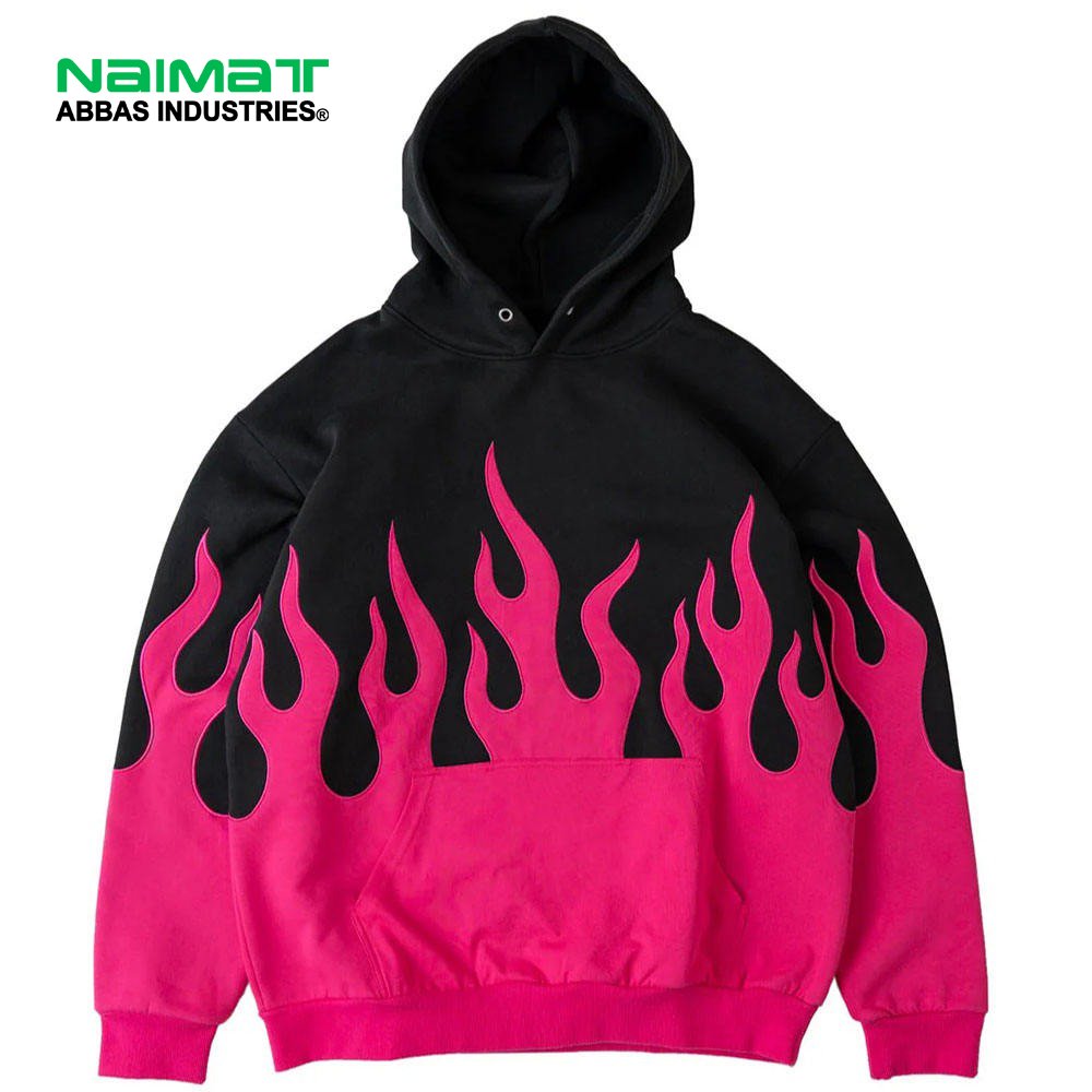 New Design Long Sleeve Flame Pattern Embroidery Hoodie Heavy Weight Men's Hoodies Black White Fleece Pullover Hoodie