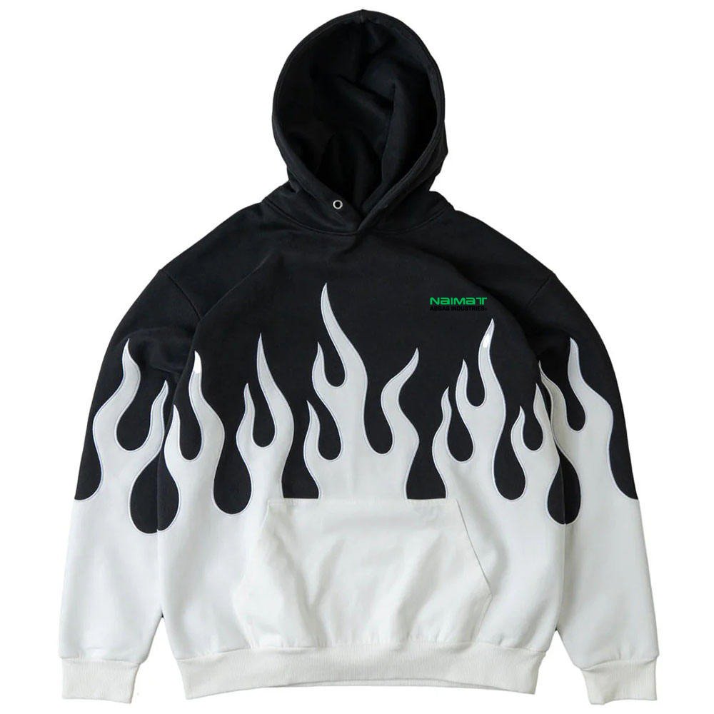 New Design Long Sleeve Flame Pattern Embroidery Hoodie Heavy Weight Men's Hoodies Black White Fleece Pullover Hoodie