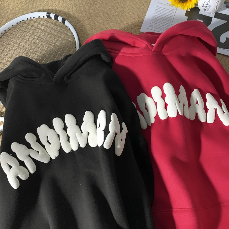 Men's Puff Printing Hoodie Knitted 300g 85% Cotton 15% Polyester Custom Logo Pullover Solid Color Top Work Clothes Casual