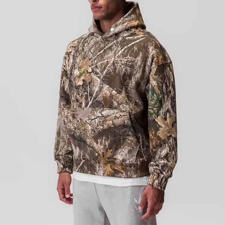 Custom High Quality Knit Kangaroo Pocket Hunting Camo Printing Hoodie French Terry Cotton Spandex Men's Hoodies & Sweatshirts