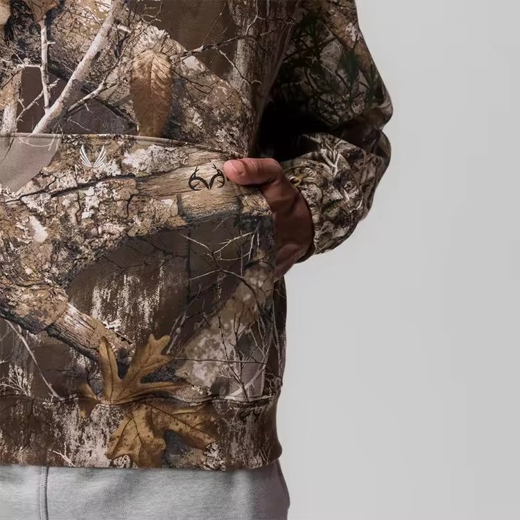 Custom High Quality Knit Kangaroo Pocket Hunting Camo Printing Hoodie French Terry Cotton Spandex Men's Hoodies & Sweatshirts