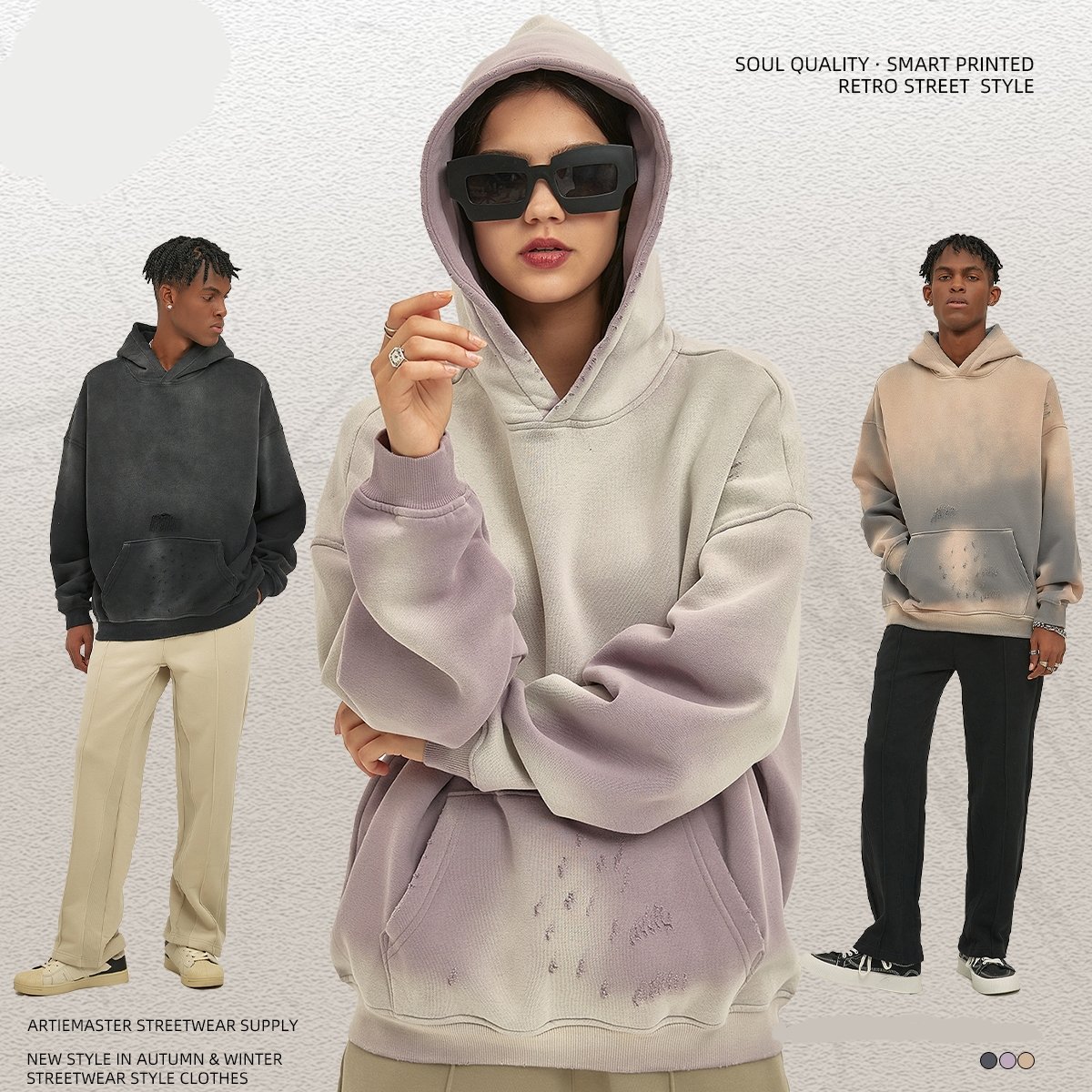 High Quality Men's Hoodies Sweatshirts Unisex Streetwear Pullover Wholesale Custom Spray-Painting Blank Abrade Hoodies