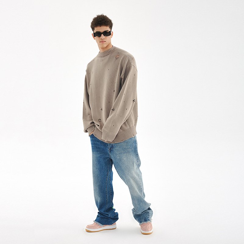 H5095 Custom 460g 100% Cotton Heavyweight Ripped Crewneck Sweatshirt Distressed Men's Hoodies & Sweatshirts