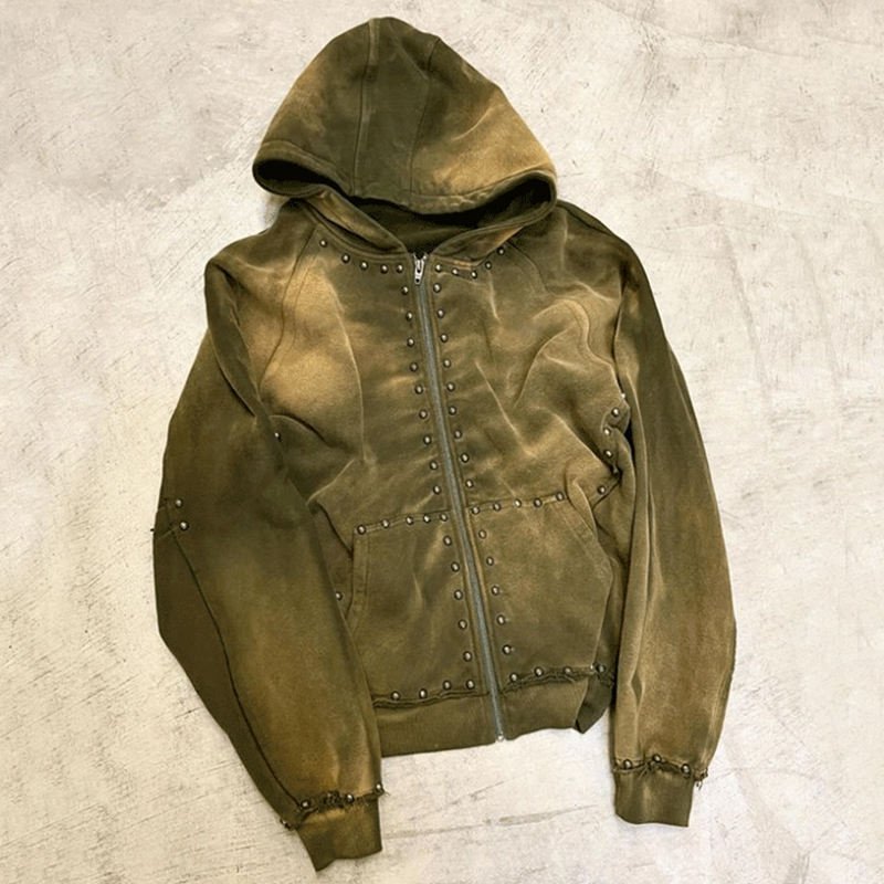 New Designs Heavyweight Rhinestone Zip Up Acid Washed Hoodies Men 500gsm French Terry Casual Sweatshirts