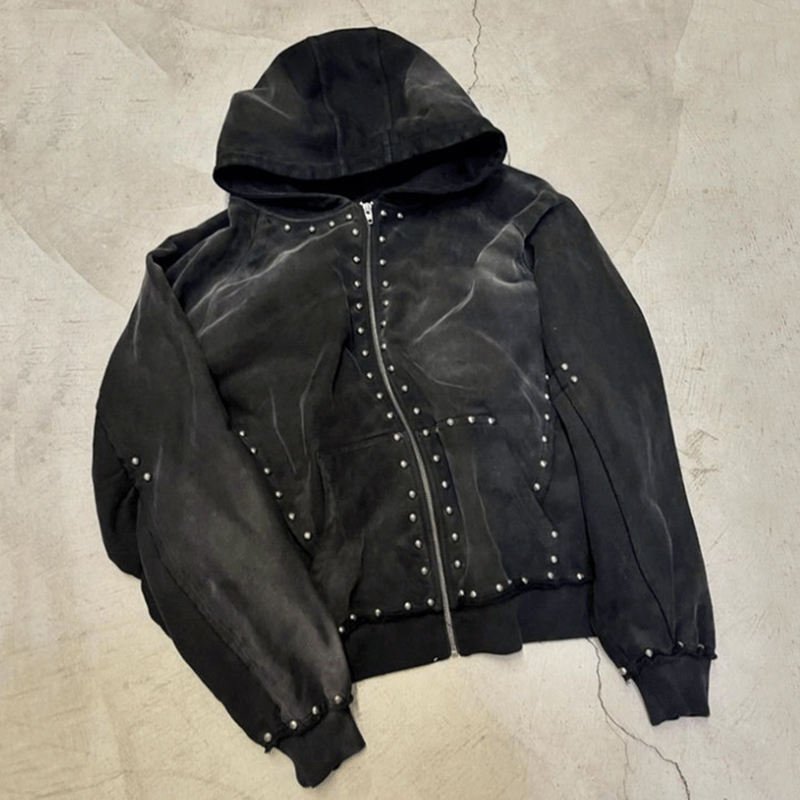 New Designs Heavyweight Rhinestone Zip Up Acid Washed Hoodies Men 500gsm French Terry Casual Sweatshirts