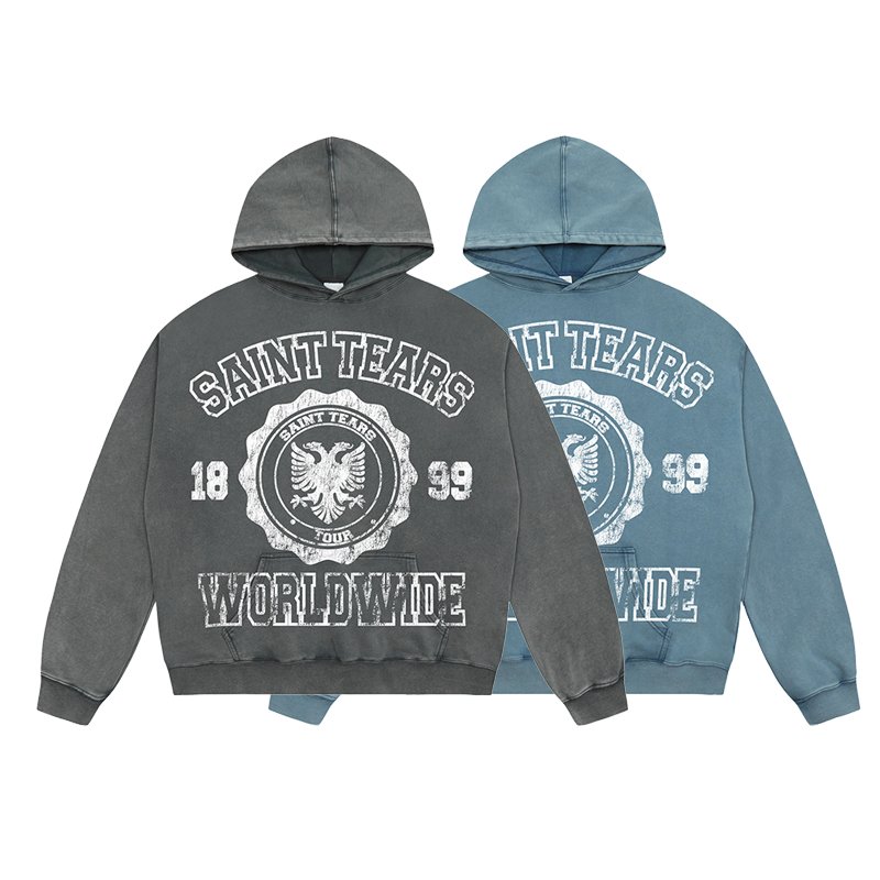 Wholesale High Quality Heavyweight 400G 100% Cotton Oversized Vintage Sand Wash Distress Saint Tears Men's Hoodies&Sweatshirts