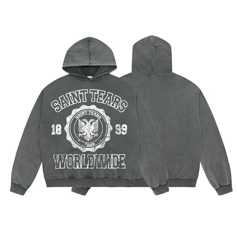 Wholesale High Quality Heavyweight 400G 100% Cotton Oversized Vintage Sand Wash Distress Saint Tears Men's Hoodies&Sweatshirts