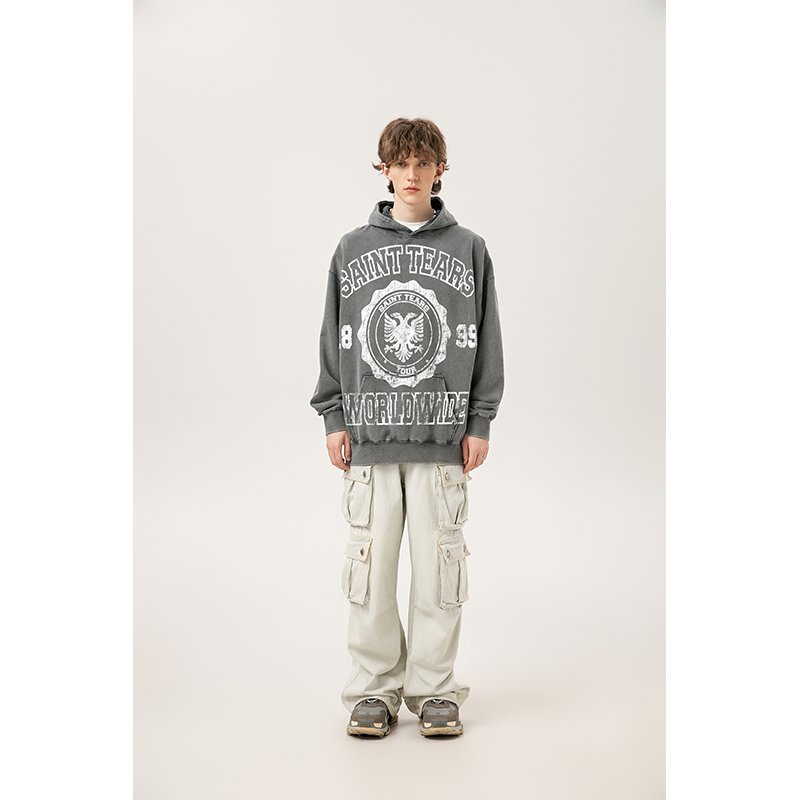 Wholesale High Quality Heavyweight 400G 100% Cotton Oversized Vintage Sand Wash Distress Saint Tears Men's Hoodies&Sweatshirts