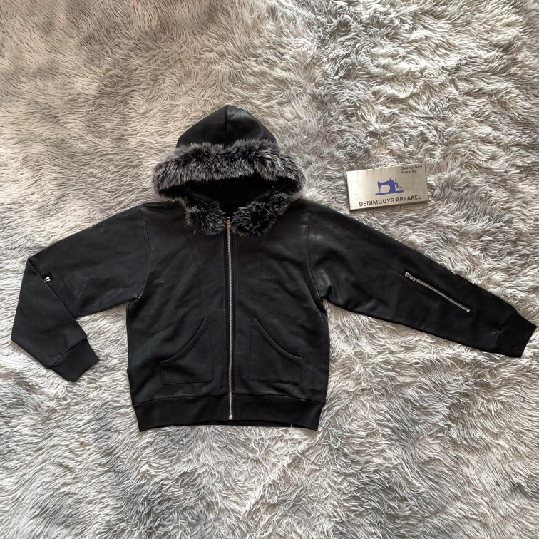 Custom hoodie 500gsm detachable hoody with faux fur hood heavyweight acid wash cropped zip up hoodies jacket for men