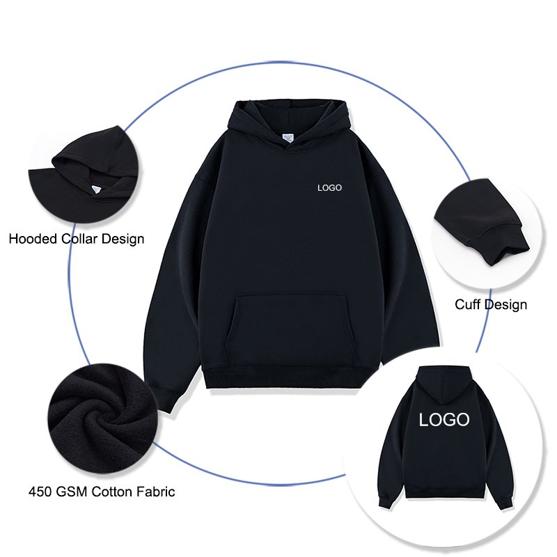 Custom Printed on Demand Men's Drop Shoulder Heavyweight Fleece Hoodie No Drawstring 450g Oversized Hoodies