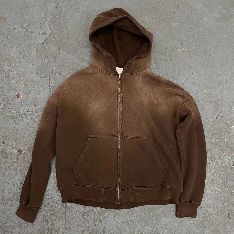 Wholesales Men Zip Up Acid Washed Hoodies Casual Men's Sweatshirts Winter Men Clothing High Street Wear