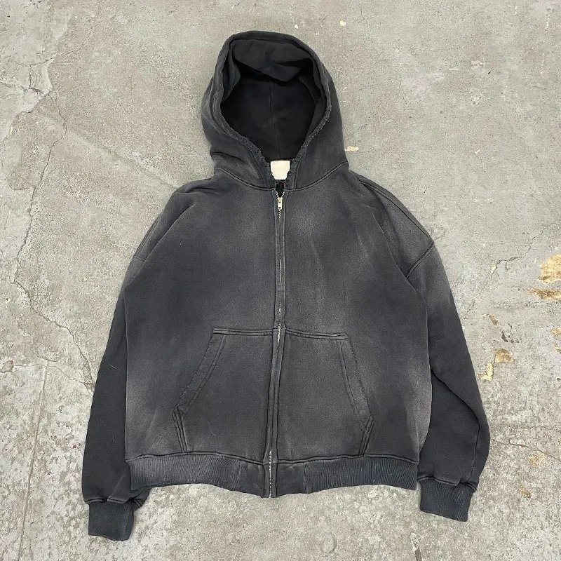 Wholesales Men Zip Up Acid Washed Hoodies Casual Men's Sweatshirts Winter Men Clothing High Street Wear