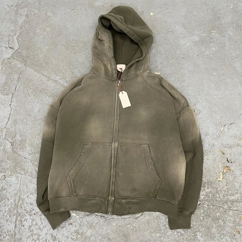 Wholesales Men Zip Up Acid Washed Hoodies Casual Men's Sweatshirts Winter Men Clothing High Street Wear