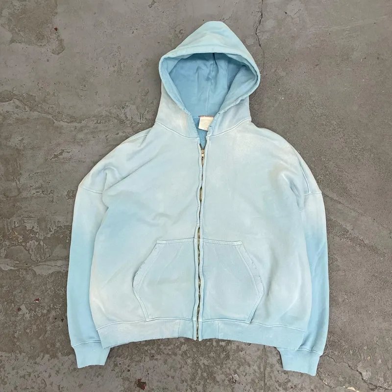Wholesales Men Zip Up Acid Washed Hoodies Casual Men's Sweatshirts Winter Men Clothing High Street Wear