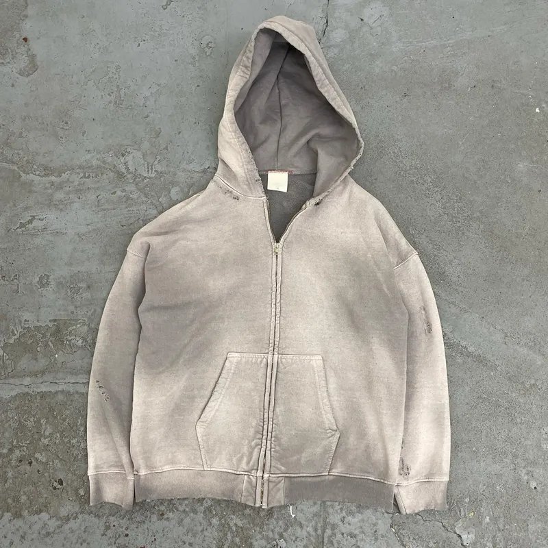 Wholesales Men Zip Up Acid Washed Hoodies Casual Men's Sweatshirts Winter Men Clothing High Street Wear