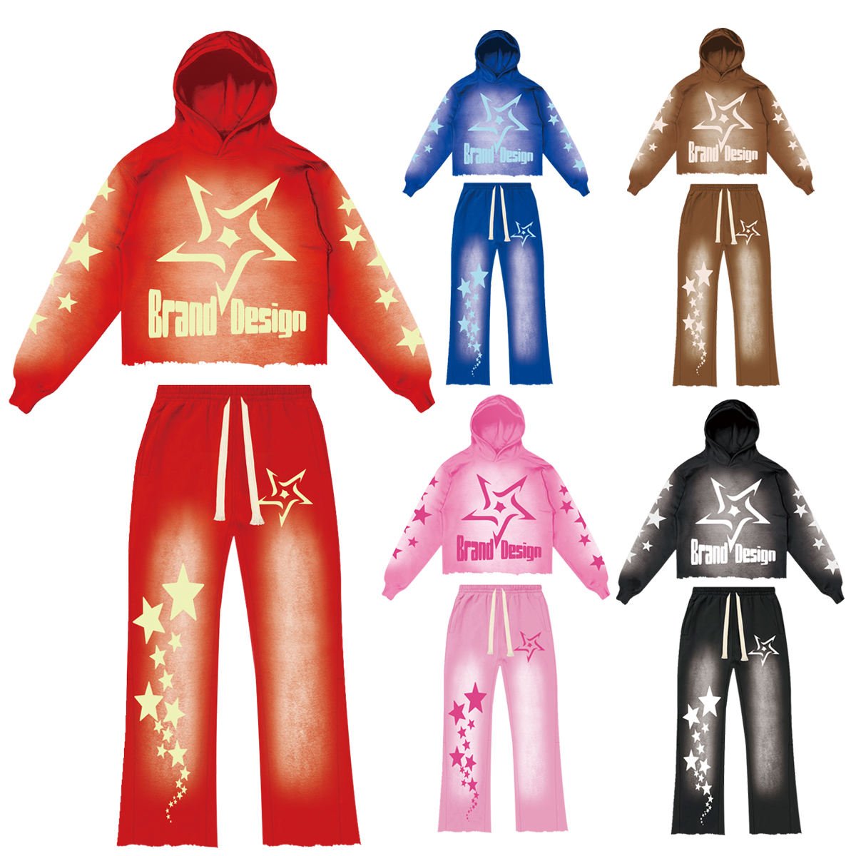 Wholesale Acid Wash Sun Faded Pullover Hoodies Streetwear Men's Clothing Custom Logo Sweatpants and Hoodie Set