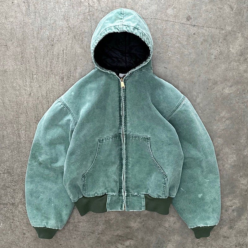 High Quality Heavyweight Vintage Ripped Acid Wash Zip Up Hoodie Men streetwear raw hem French Terry Acid Wash Custom Zip Hoodie