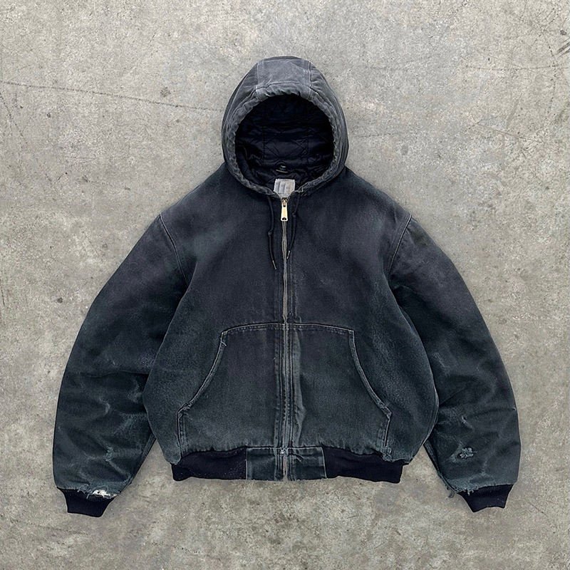 High Quality Heavyweight Vintage Ripped Acid Wash Zip Up Hoodie Men streetwear raw hem French Terry Acid Wash Custom Zip Hoodie