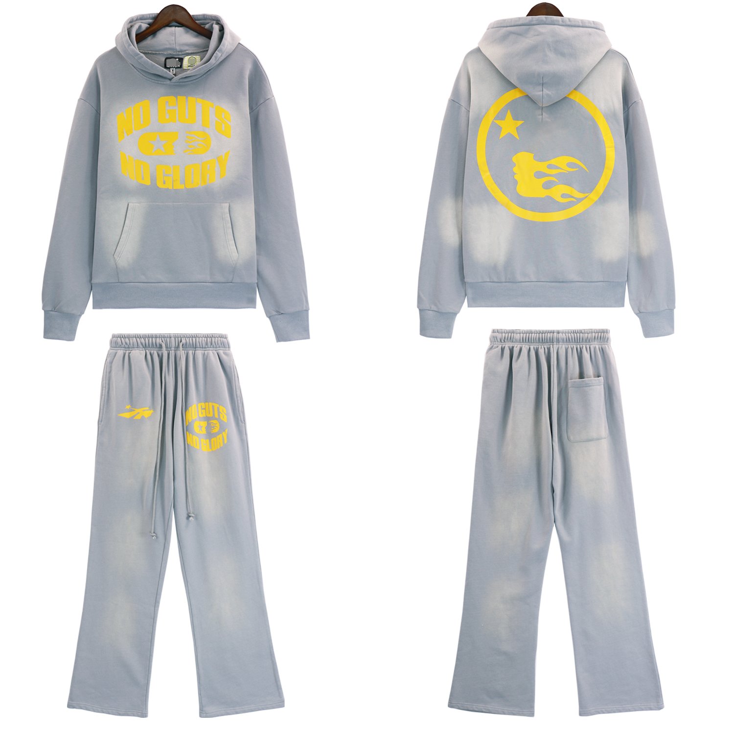 2024 new fashion streetwear sets 100%cotton french terry washed silk screen print flare sweatpants distressed hoodie tracksuit