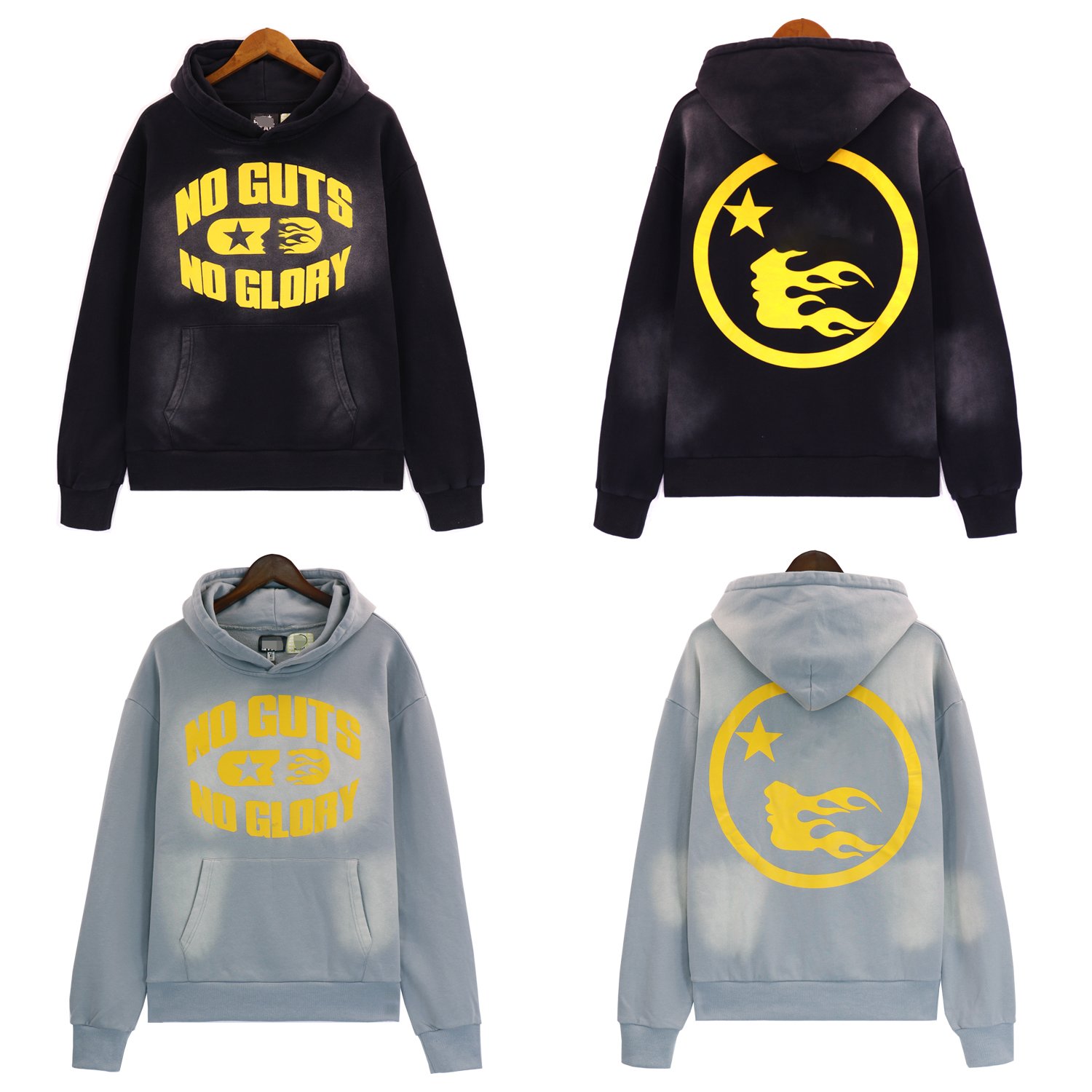 2024 new fashion streetwear sets 100%cotton french terry washed silk screen print flare sweatpants distressed hoodie tracksuit