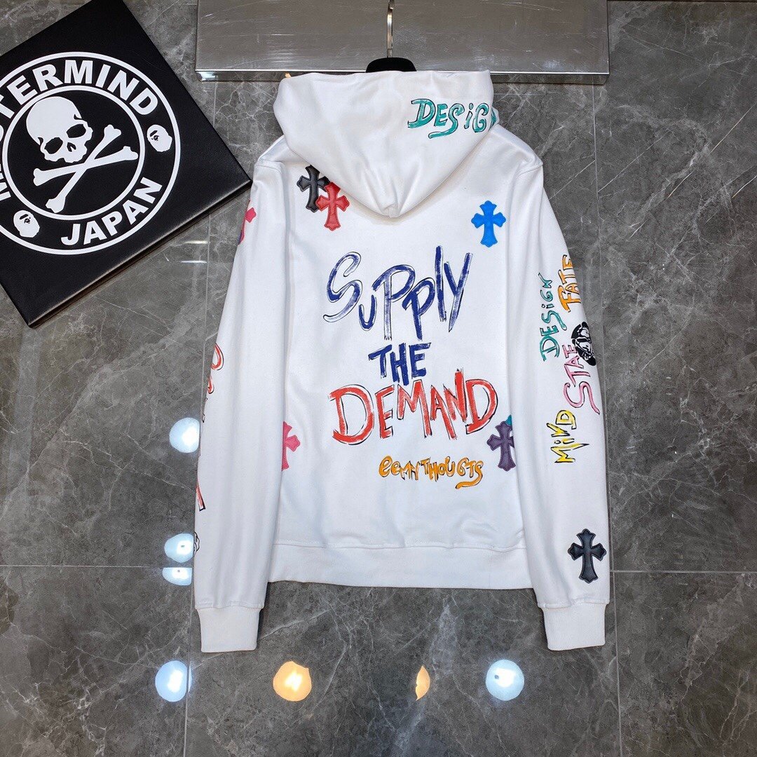 21SS Correct Edition Colourful Cross Patchwork Leather Sanskrit Hand Painted Graffiti Hooded Sweatshirt