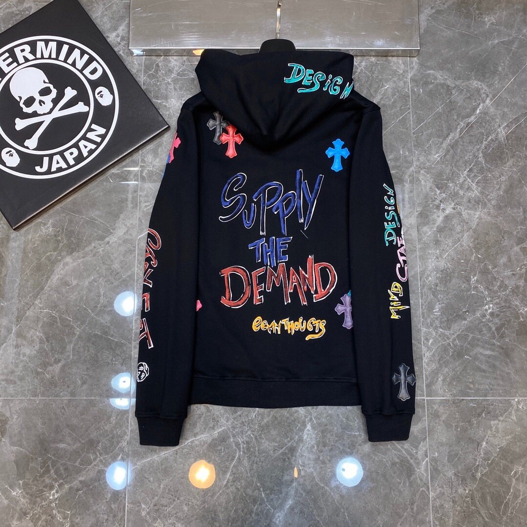 21SS Correct Edition Colourful Cross Patchwork Leather Sanskrit Hand Painted Graffiti Hooded Sweatshirt
