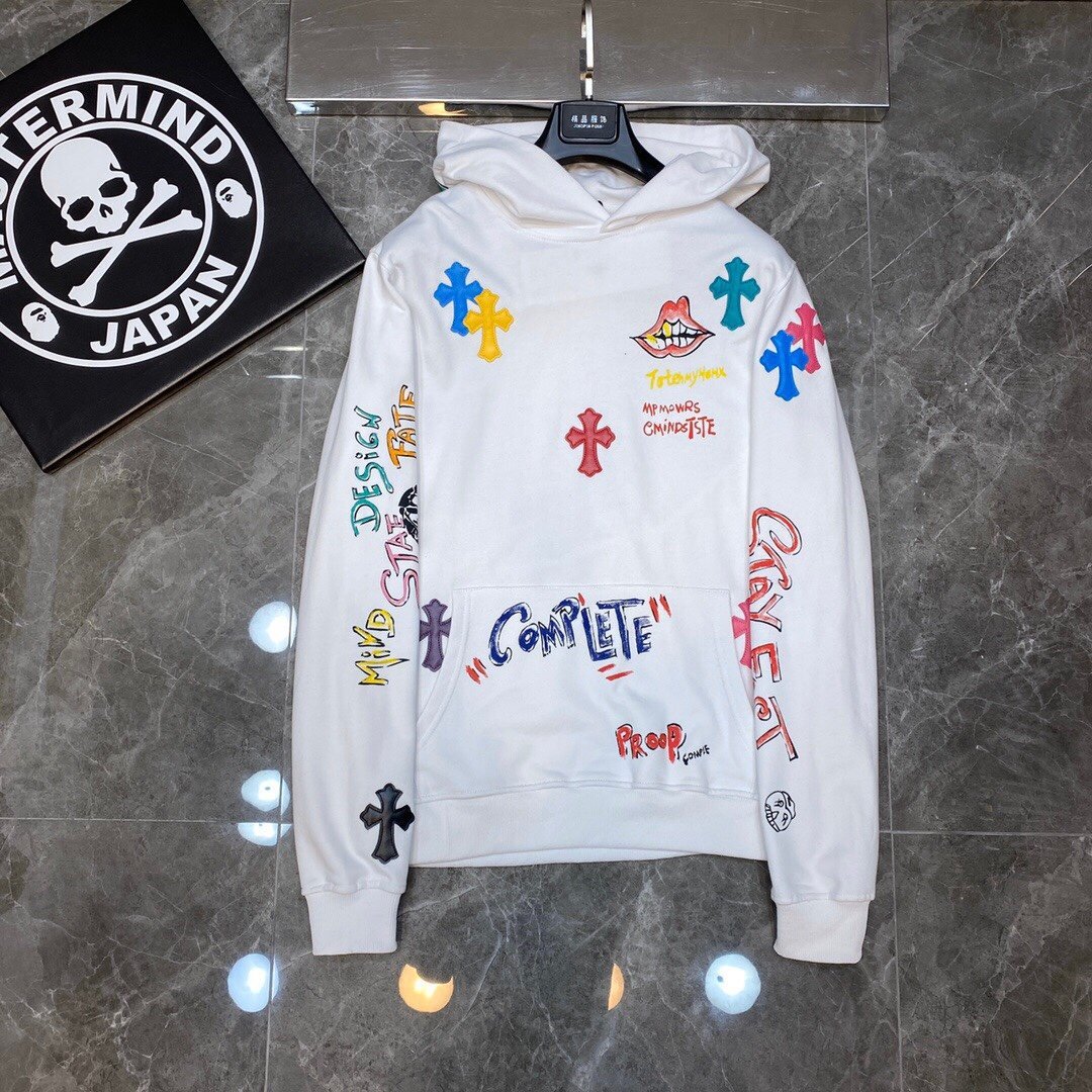 21SS Correct Edition Colourful Cross Patchwork Leather Sanskrit Hand Painted Graffiti Hooded Sweatshirt