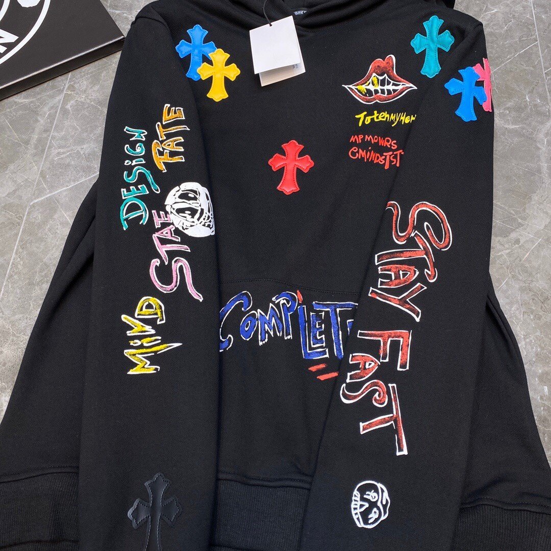 21SS Correct Edition Colourful Cross Patchwork Leather Sanskrit Hand Painted Graffiti Hooded Sweatshirt