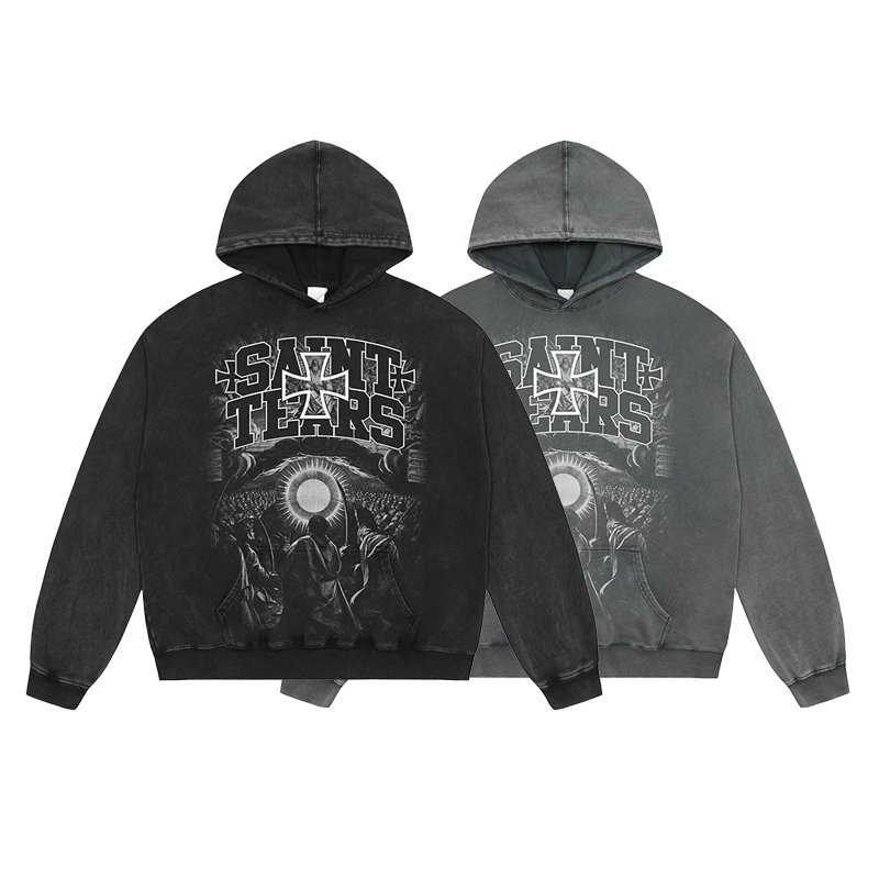 Manufacturer High Quality Heavyweight Streetwear Cotton Oversized Vintage Wash Print Saint Tears Terry Men's Hoodies&Sweatshirts