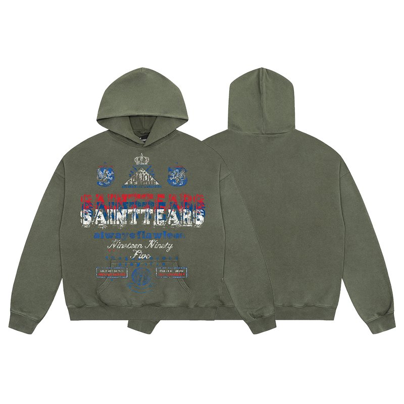 Manufacturer High Quality Heavyweight Streetwear Cotton Oversized Vintage Wash Print Saint Tears Terry Men's Hoodies&Sweatshirts