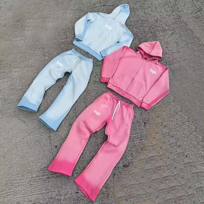 Men's High Quality Tracksuit Streetwear Thick Sun Faded Washed Sweatsuit Hoodie and Baggy Flare Pants Set