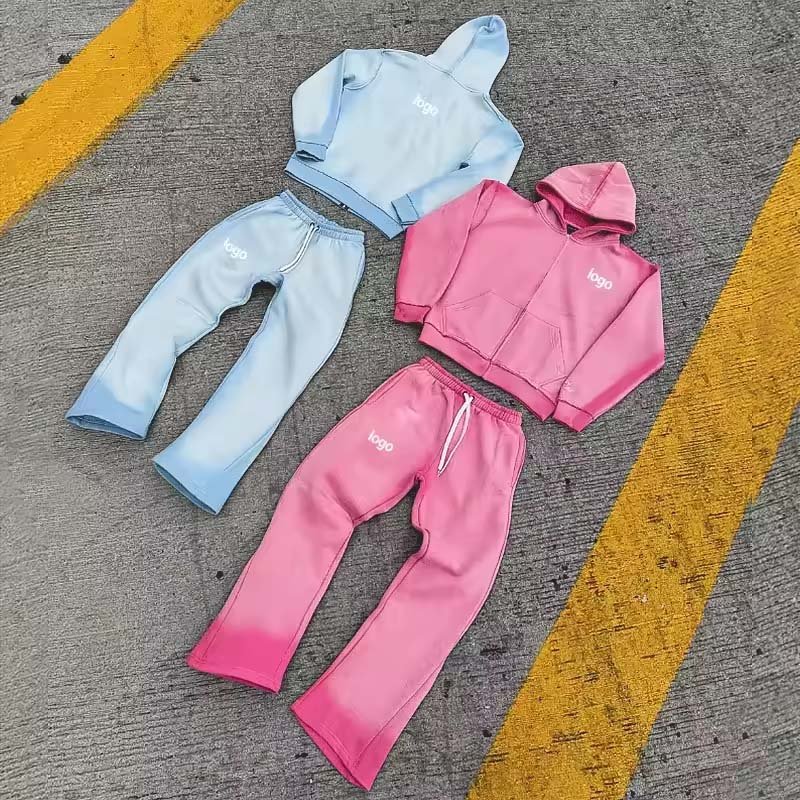 Men's High Quality Tracksuit Streetwear Thick Sun Faded Washed Sweatsuit Hoodie and Baggy Flare Pants Set