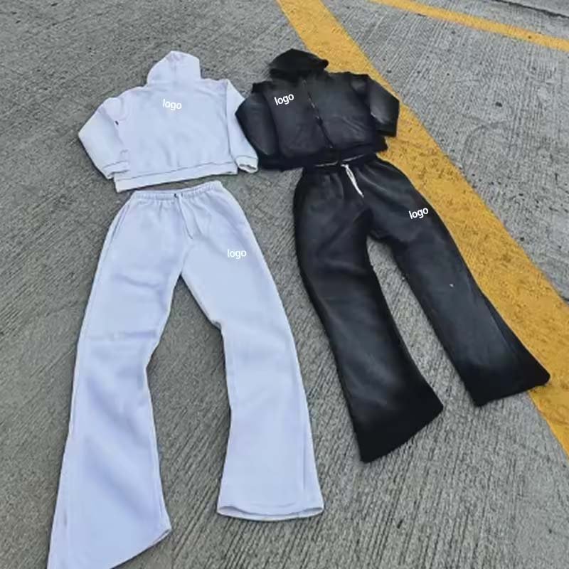 Men's High Quality Tracksuit Streetwear Thick Sun Faded Washed Sweatsuit Hoodie and Baggy Flare Pants Set