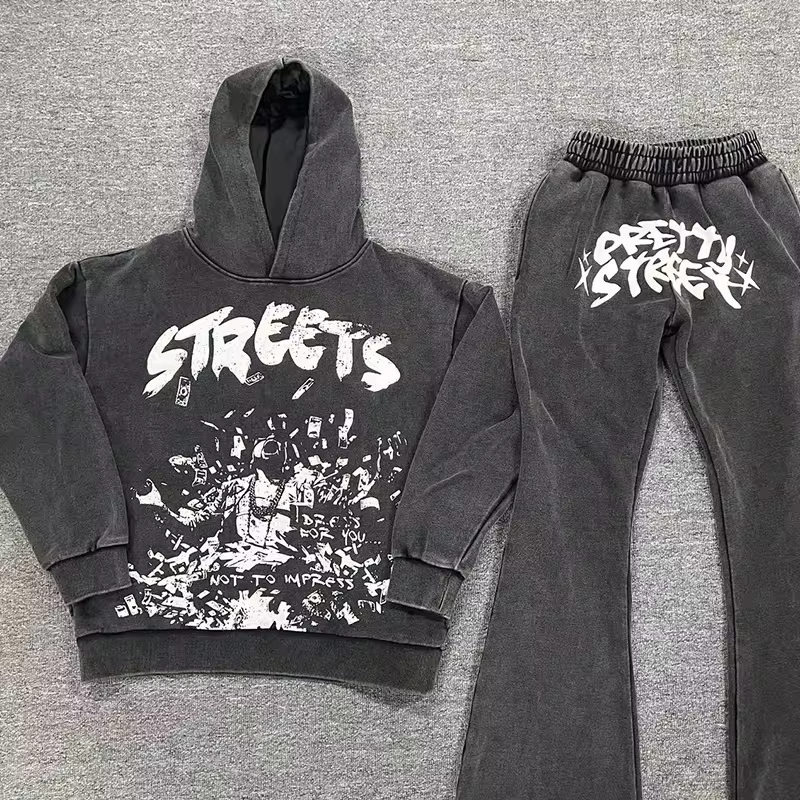 Custom men's hoodies sweatshirts High Quality Acid Washed Vintage Tracksuit acid Wash Hoodie Sweatpants And Hoodie Set