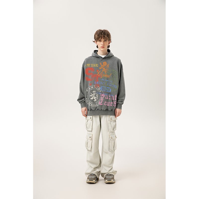 Wholesale High Quality Heavyweight 400G 100% Cotton Oversized Vintage Sand Wash Distress Saint Tears Men's Hoodies&Sweatshirts